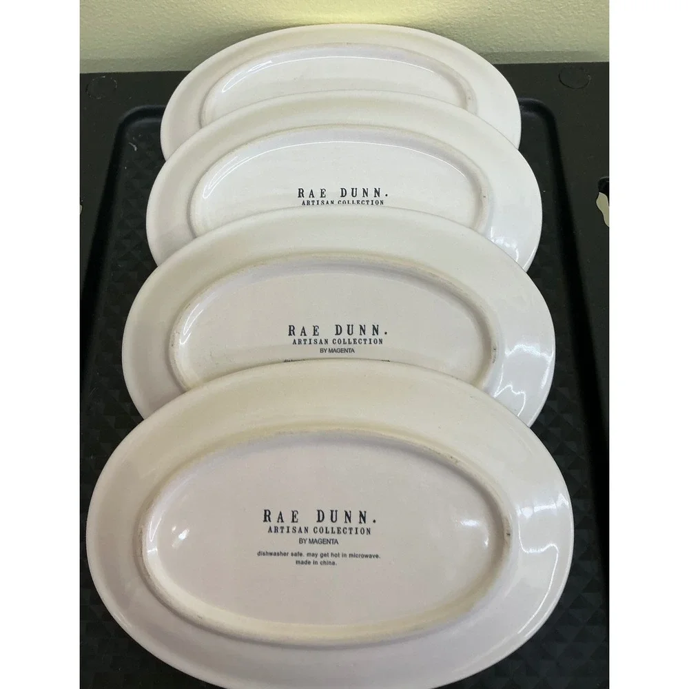 Rae Dunn Lets Eat Oval Appetizer Plates Set of 4 Cream Ceramic Farmhouse Magenta